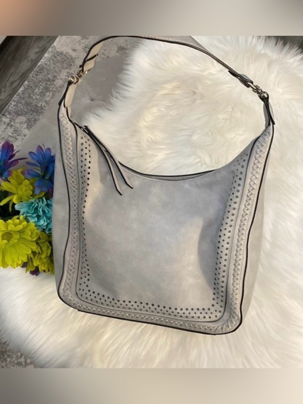 Gray Laser Cut Shoulder Handbag With Boarder Stitching Accent LIKE NEW!
